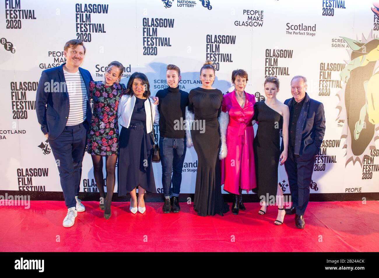 Glasgow, UK. 29th Feb, 2020. Pictured: (L-R) Tonio Kellner; Eliza Schroeder; Rajita Shah; unknown; Candice Brown; Celia Imrie; Shannon Tarbet; Bill Paterson. World Premiere of ‘Love Sarah' `at the Glasgow Film Festival 2020 on thee red carpet outside of the Glasgow Film Theatre. Credit: Colin Fisher/Alamy Live News Stock Photo